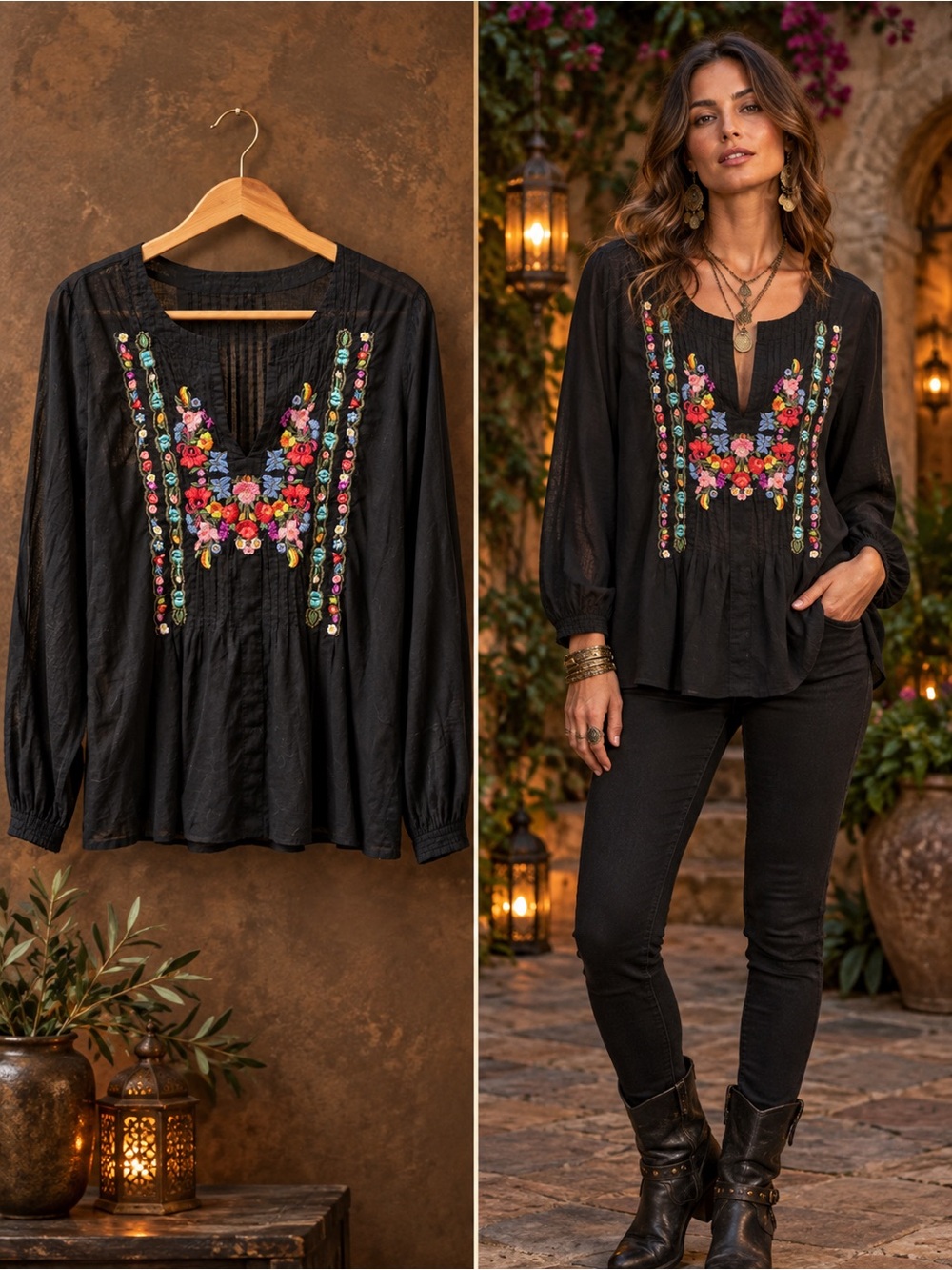 Johnny Was embroidered black georgette/cupra tunic blouse